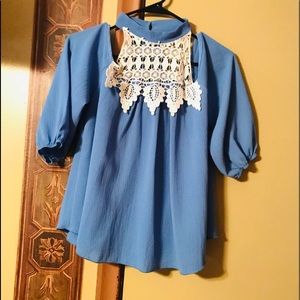 Frenzee Women’s Off-the-shoulder Crochet Blue Top